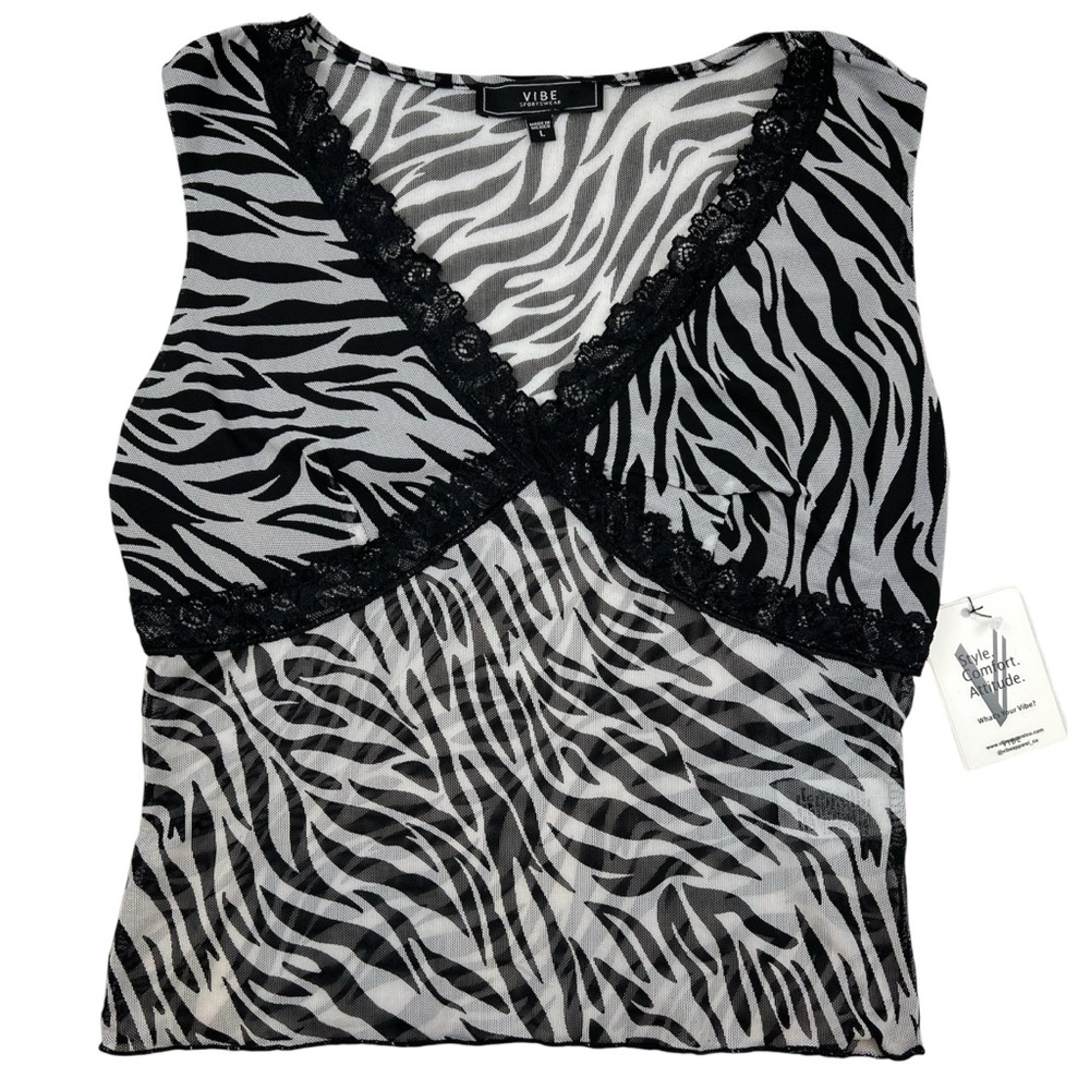 VIBE Zebra Print Sheer Tank Top Lace Trim Womens Size L